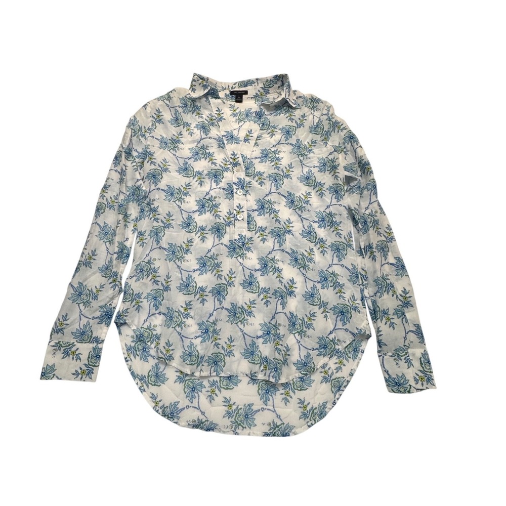 Ann Taylor Womens XS Blue White Floral Cotton Silk Henley Blouse‎ Long Sleeve